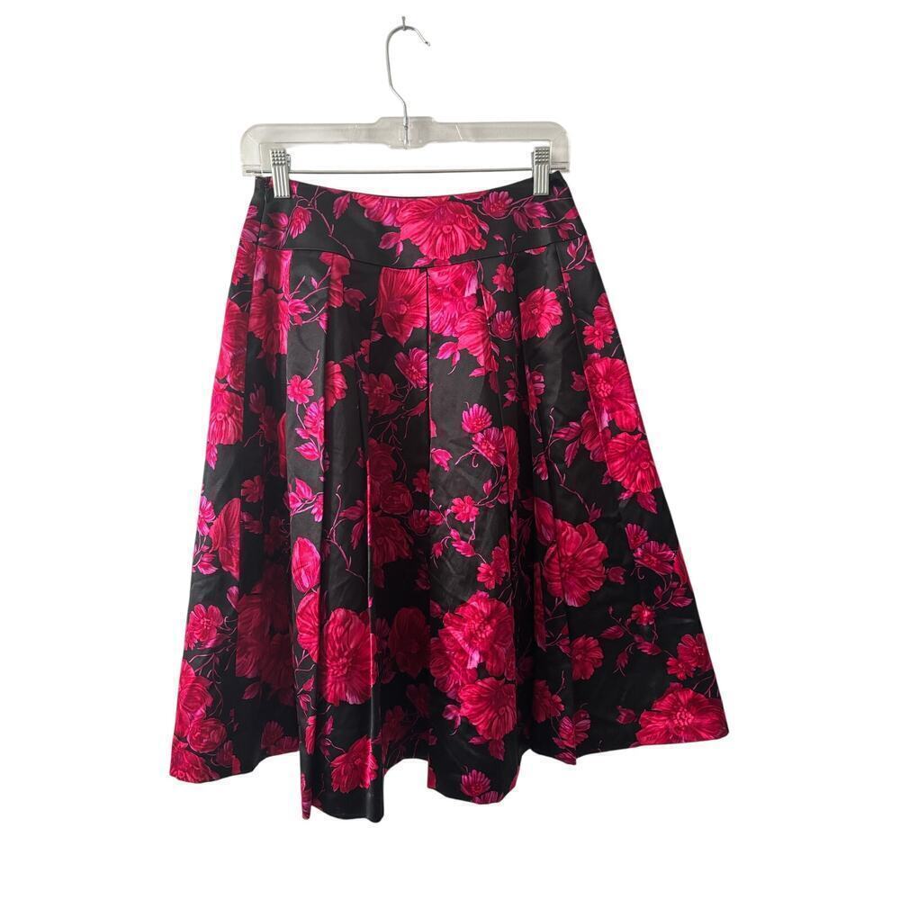 Talbots Black and Pink Floral Cotton Silk Flare Skirt